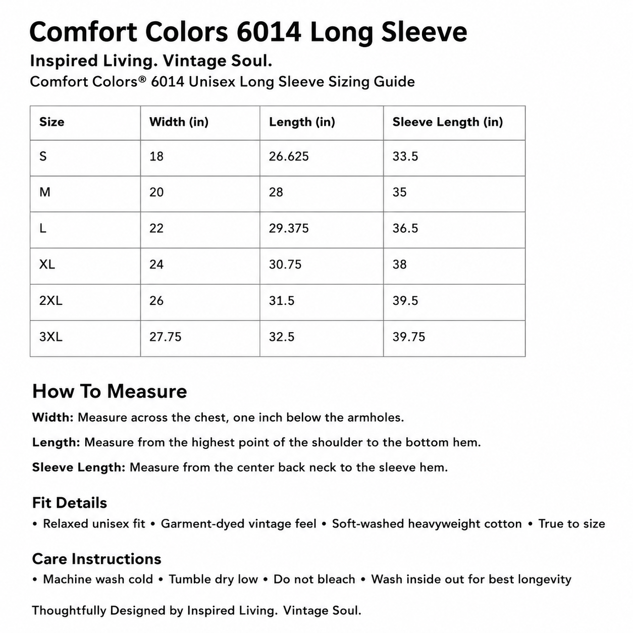 Comfort Colors 6014 Long Sleeve sizing chart showing chest width, body length, and sleeve length measurements for sizes Small through 3XL, with fit guide, measuring instructions, and care instructions