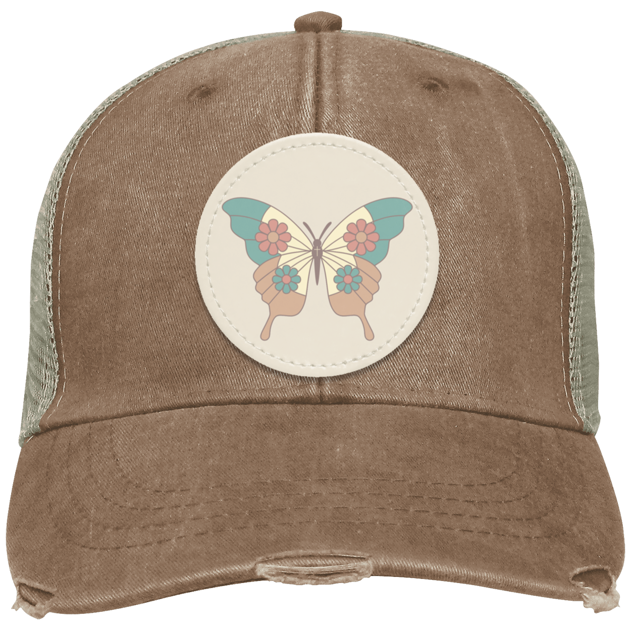 Miss Mudd Brown Vintage distressed trucker hat featuring a cream butterfly patch on the front in a timeless vintage style.