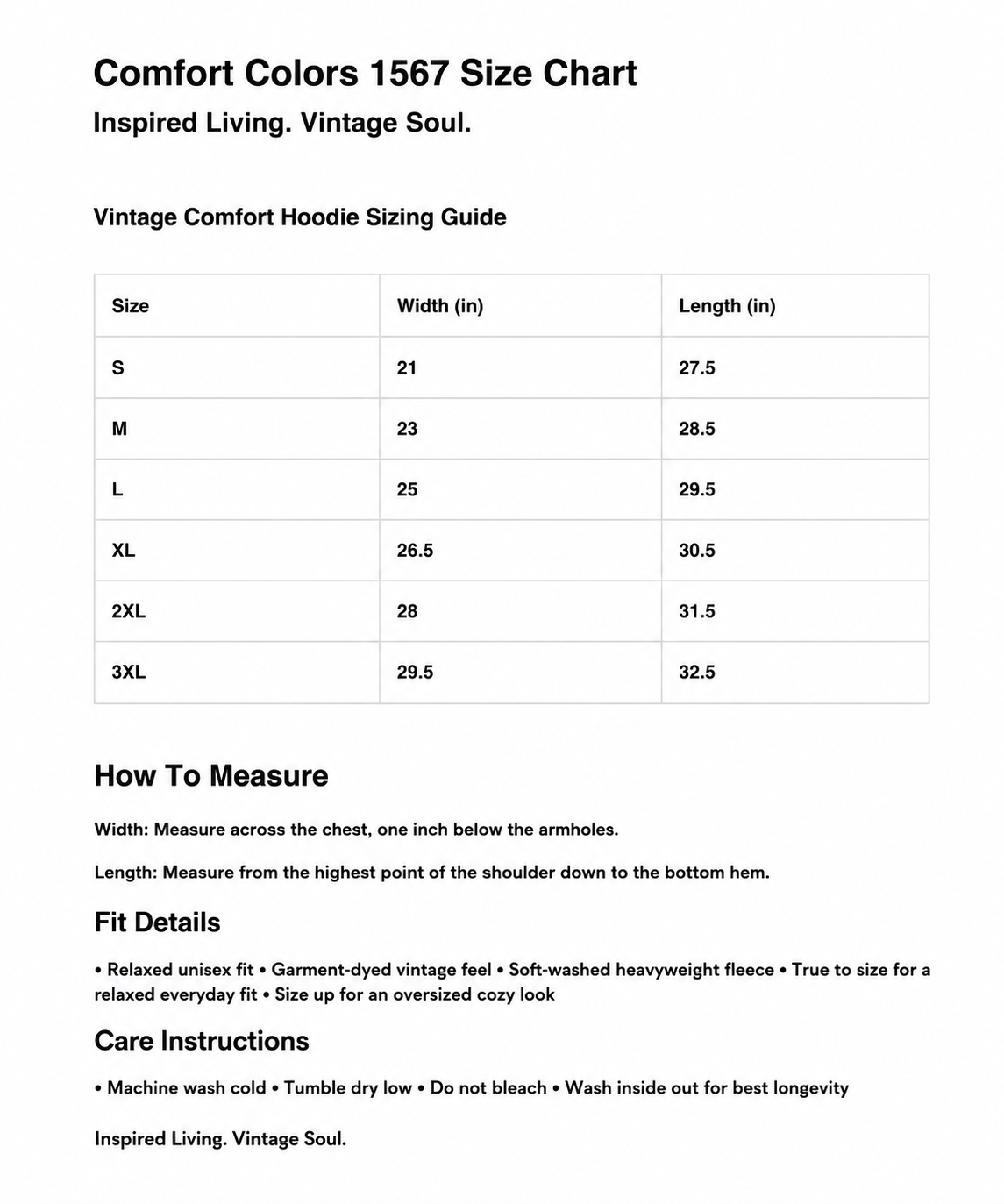 A size chart and measurement guide for the Comfort Colors 1567 hoodie, titled 'Inspired Living, Vintage Soul.' The chart includes a size table from S to 3XL with width and length measurements, plus fit details and care instructions.
