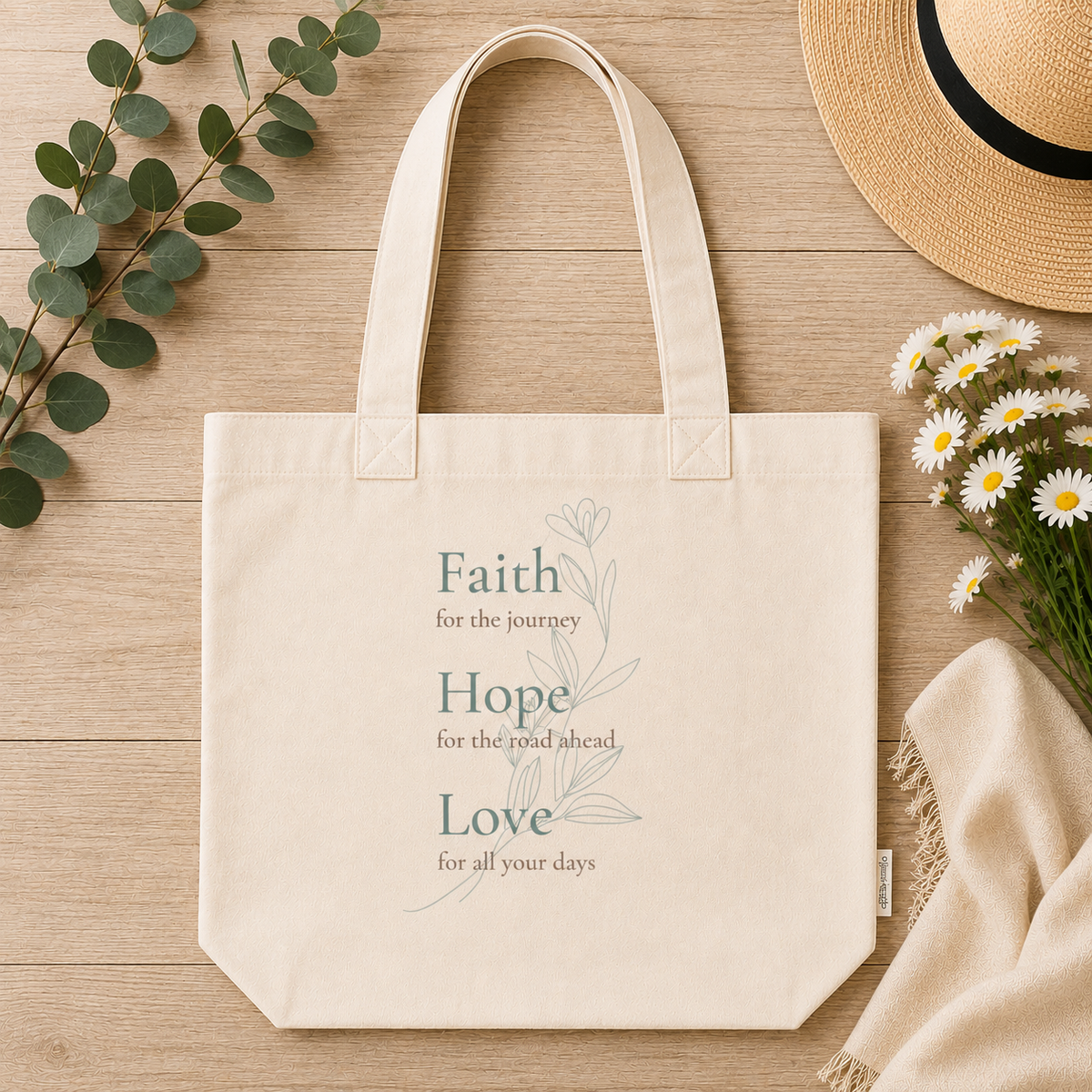 An Ivory comfort colors canvas tote bag with the words 'Faith', 'Hope', and 'Love' printed in a muted teal serif font, accompanied by delicate floral line drawings. The bag is displayed in a flat-lay arrangement on a light wood background, surrounded by eucalyptus leaves, white daisies, a straw hat, and a beige throw blanket.