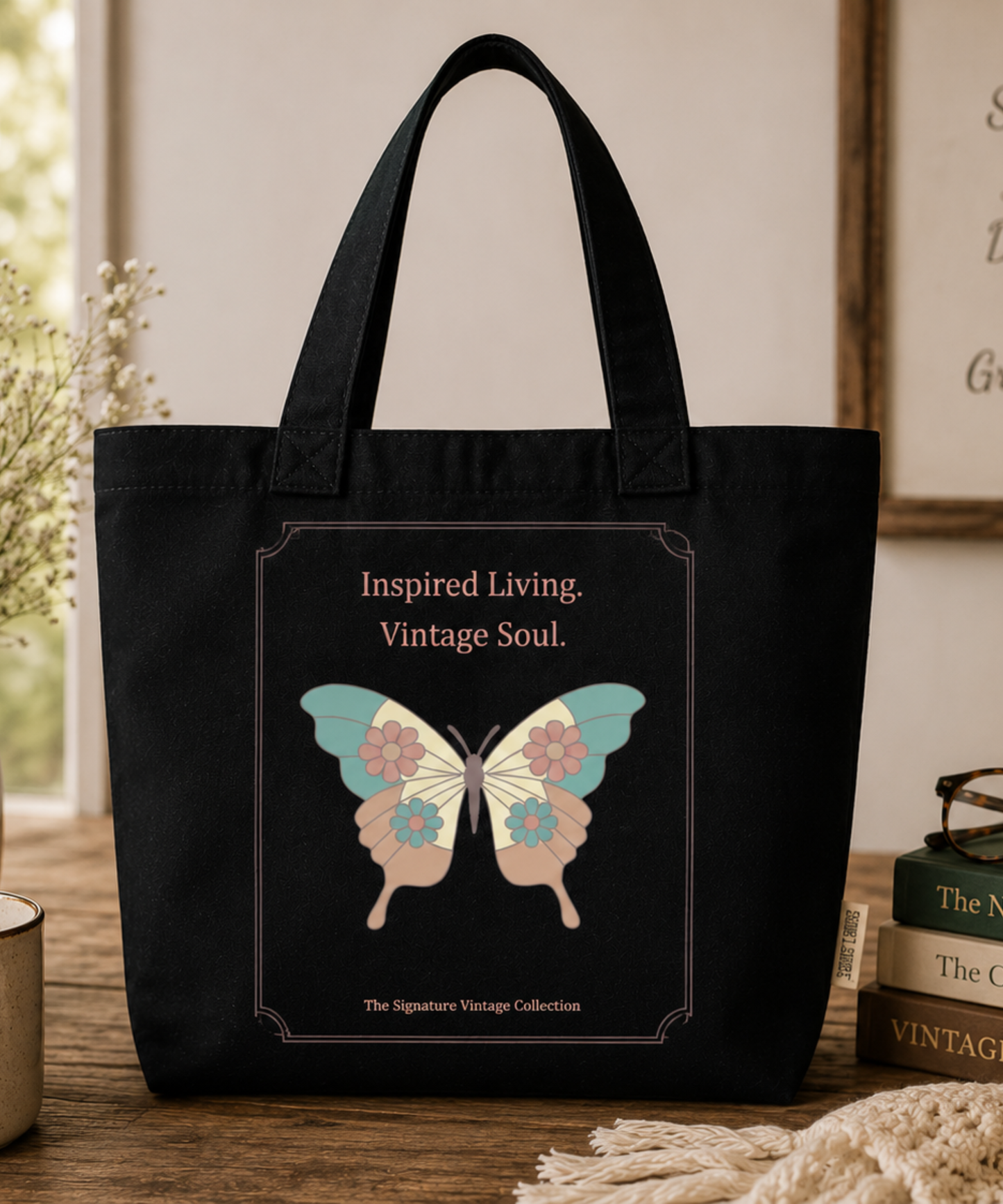 A black comfor colors canvas tote bag with a vintage-style butterfly graphic and the text 'Inspired Living. Vintage Soul.