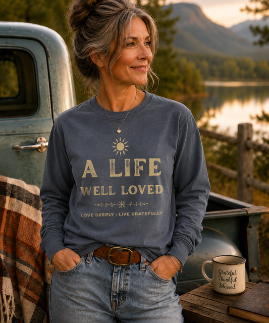 Woman wearing a denim blue A Life Well Loved vintage inspirational long sleeve T-shirt outdoors by a lake and vintage truck.