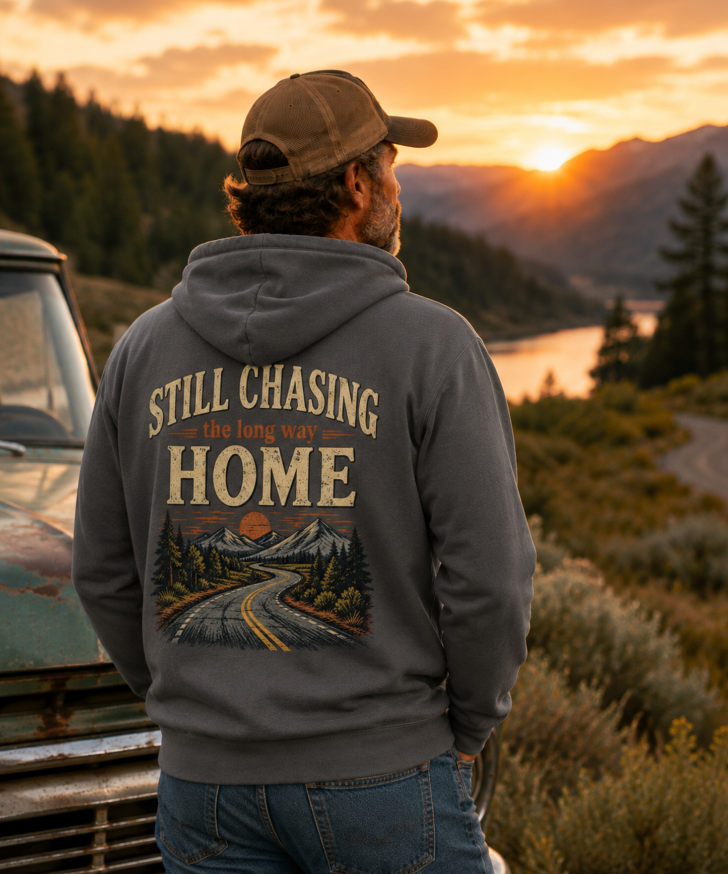 A man wearing a pepper colored hoodie with a scenic mountain road graphic and the text 'STILL CHASING the long way HOME' on the back, standing outdoors near a vintage truck at sunset with a mountain landscape in the background.