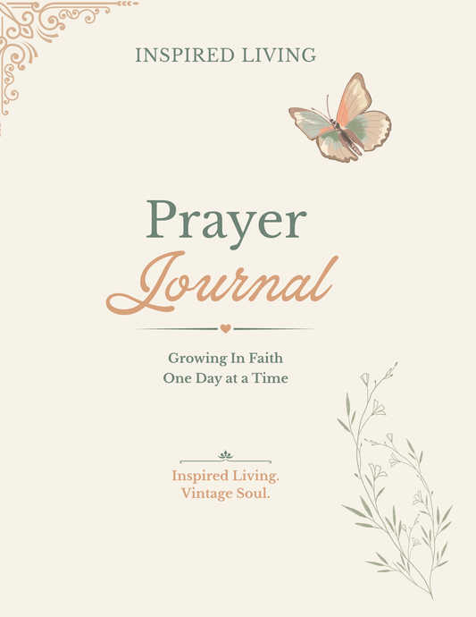 Front cover of a Prayer Journal from Inspired Living, featuring a cream background with elegant typography in muted green and peach, a butterfly illustration near the top, and delicate botanical corner details.