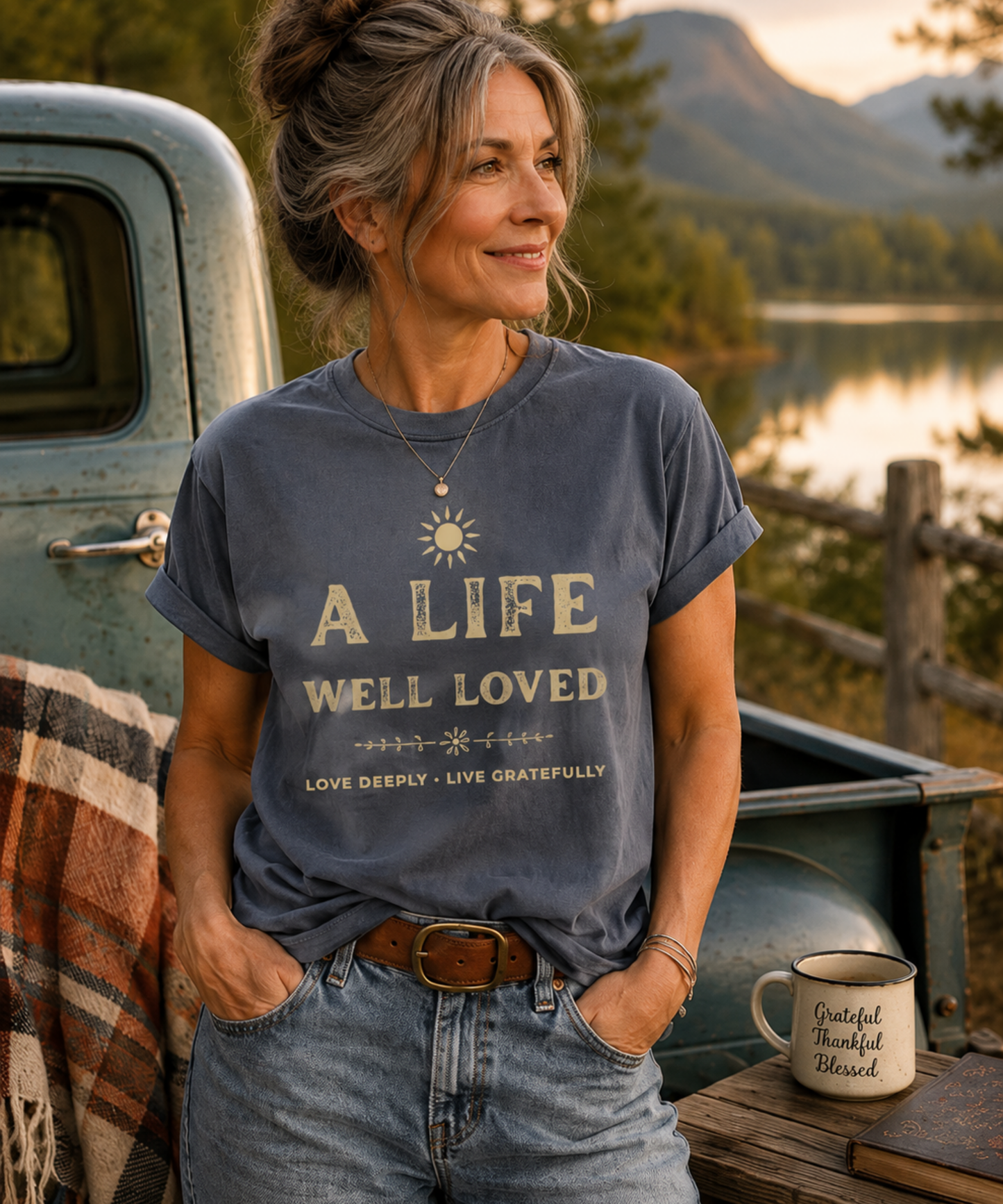 Woman wearing a vintage-inspired A Life Well Loved graphic T-shirt with distressed cream lettering, sun design, and Love Deeply Live Gratefully message.