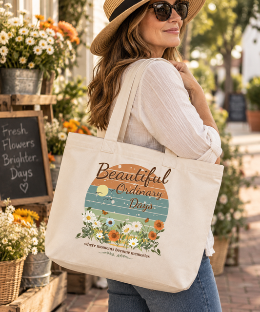 Woman carrying ivory Beautiful Ordinary Days canvas tote at an outdoor flower market.