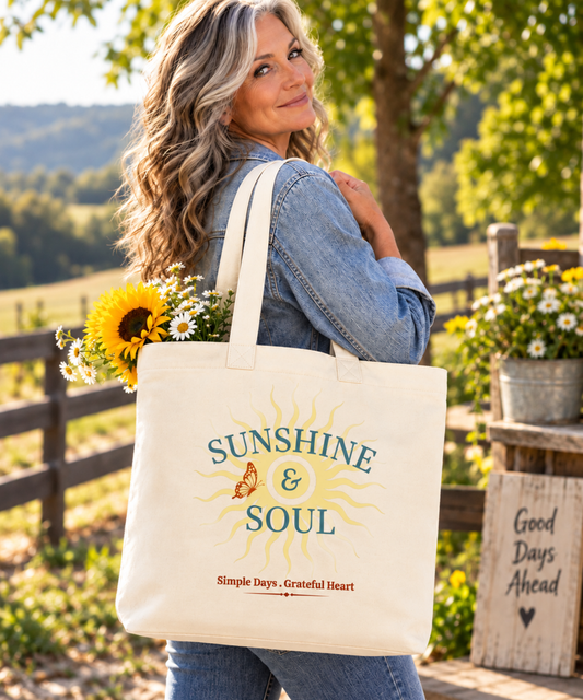Mature woman carrying an ivory Sunshine & Soul canvas tote with vintage sun and butterfly design in a sunny countryside garden.