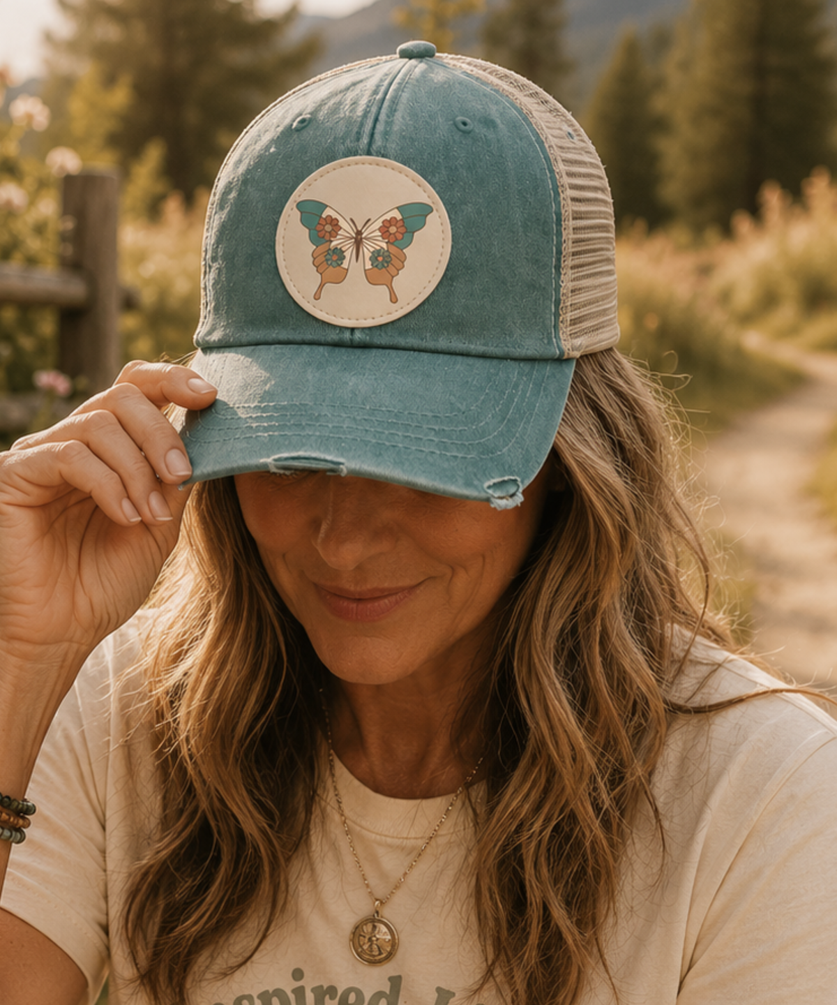 Woman wearing a forest vintage butterfly patch trucker hat while relaxing outdoors in a scenic mountain meadow, styled with a casual graphic tee and jeans on a warm sunny day.