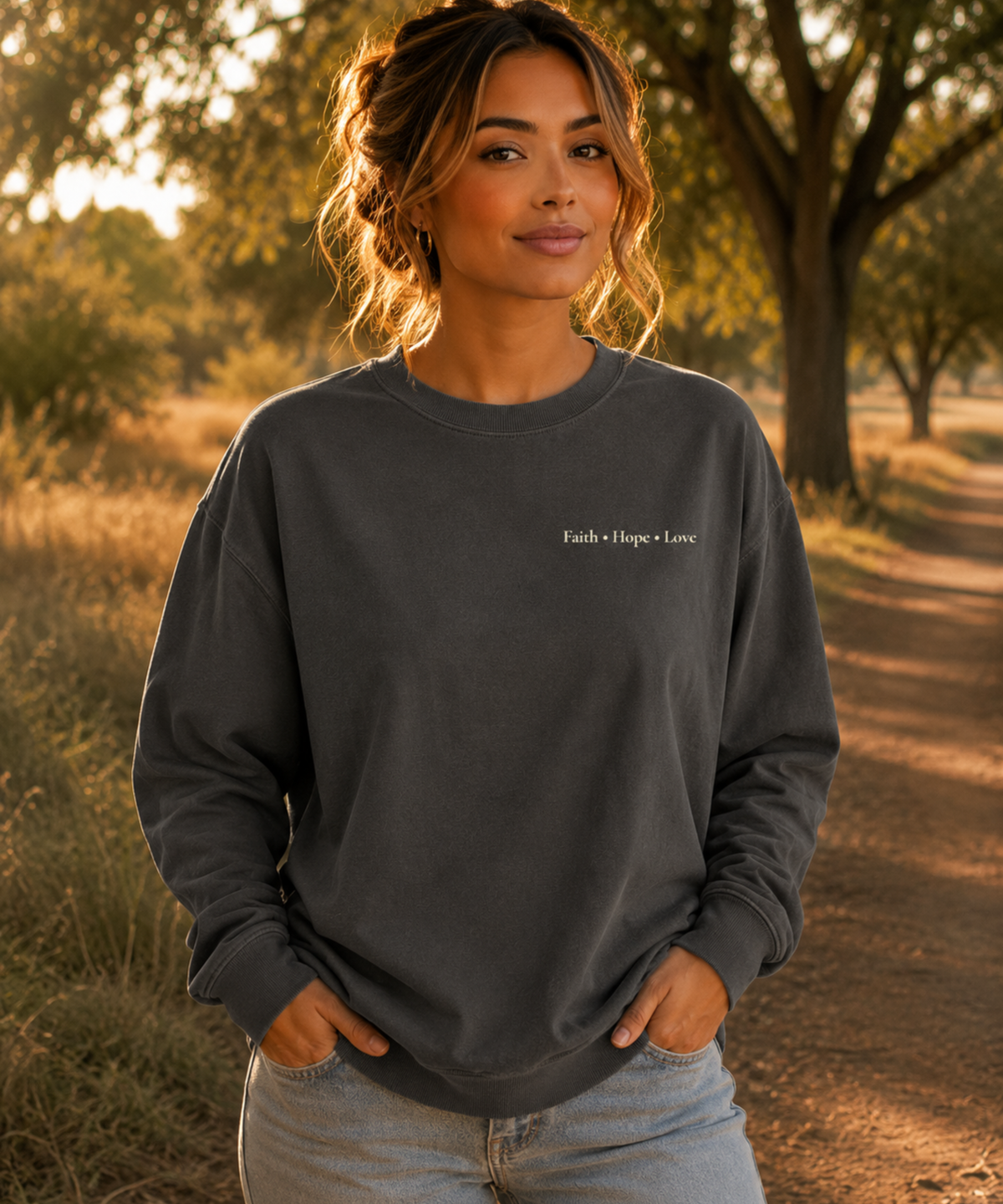 Woman wearing Comfort Colors pepper crewneck sweatshirt with Faith Hope Love left chest Christian design in outdoor park