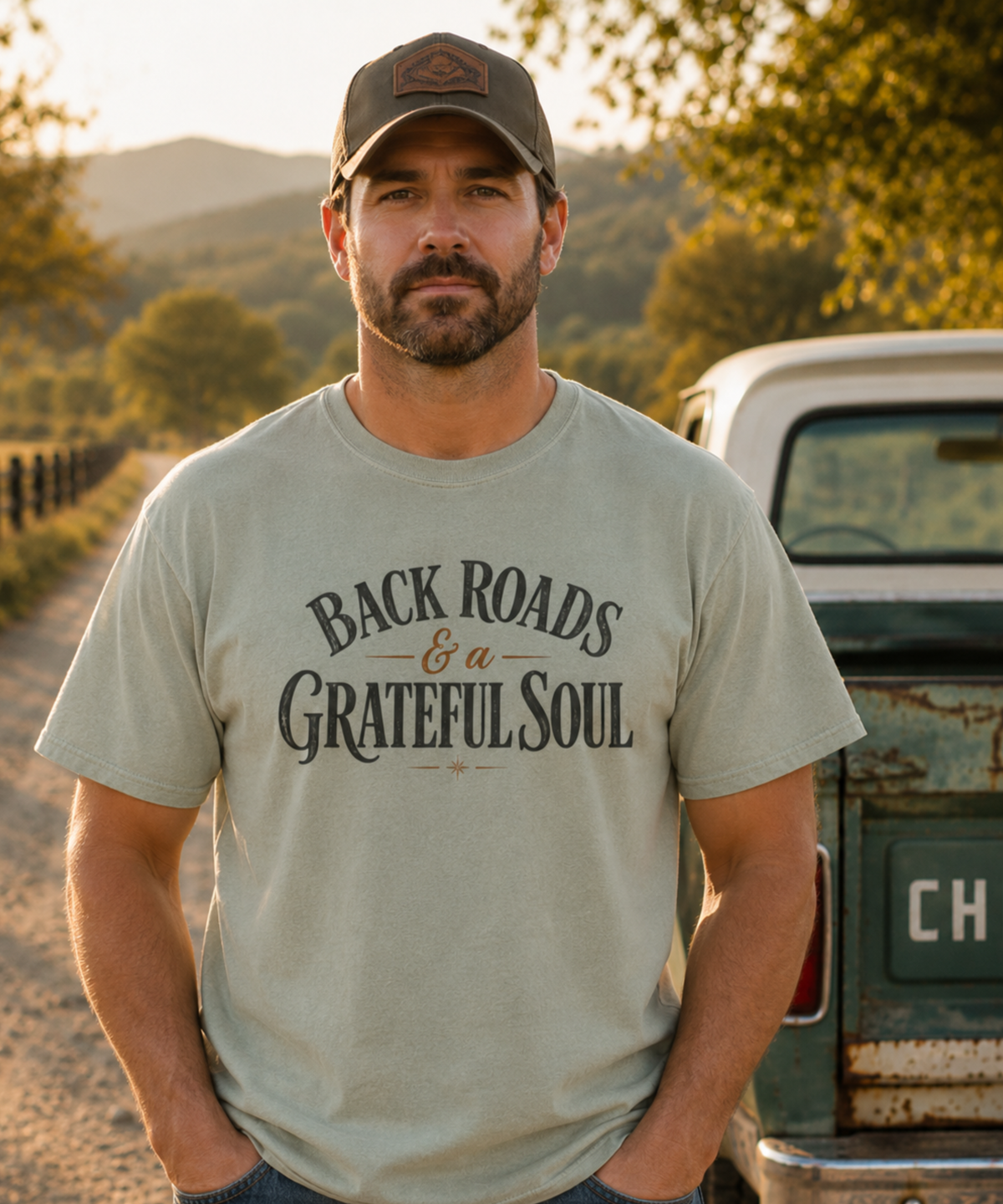 A man wearing a bay green distressed graphic t-shirt with 'BACKROADS & A GRATEFUL SOUL' printed on the front, standing outdoors next to a vintage truck on a dirt road.