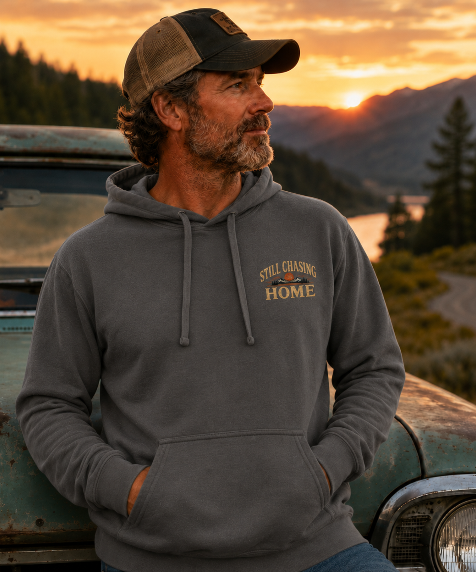 A man wearing a pepper colored hoodie with 'Still Chasing Home' graphic on the left chest, posing outdoors next to a vintage truck at sunset.