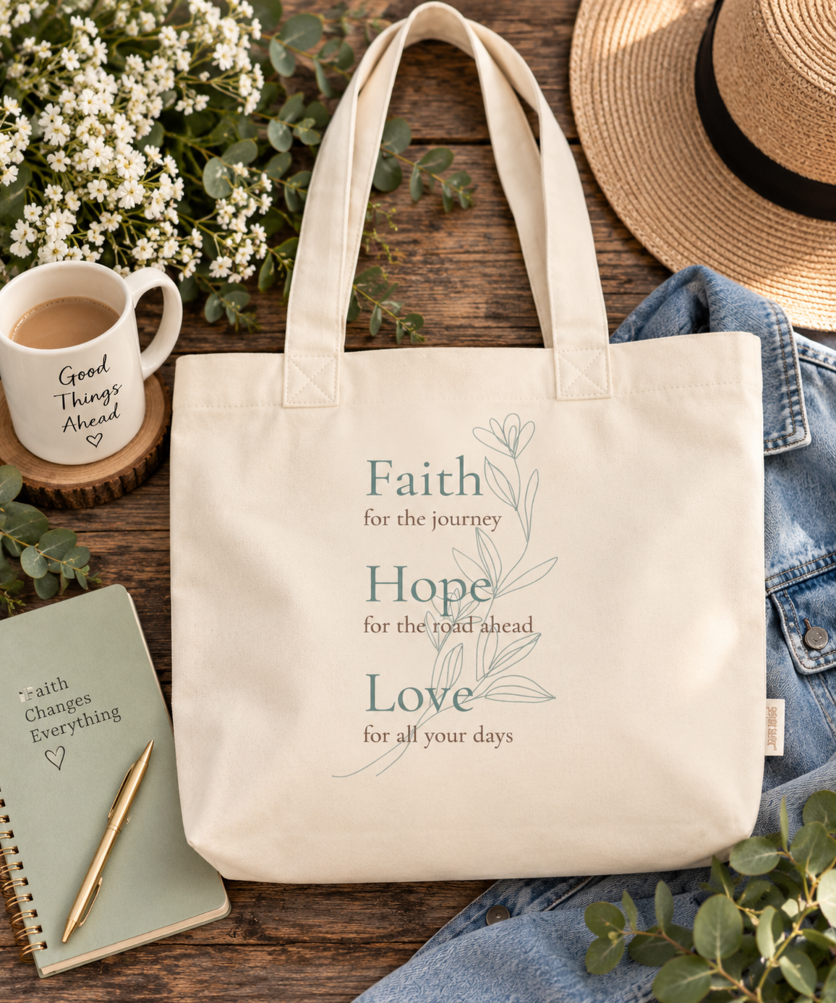 Ivory Faith Hope Love botanical canvas tote styled with flowers, journal, coffee mug and everyday accessories.