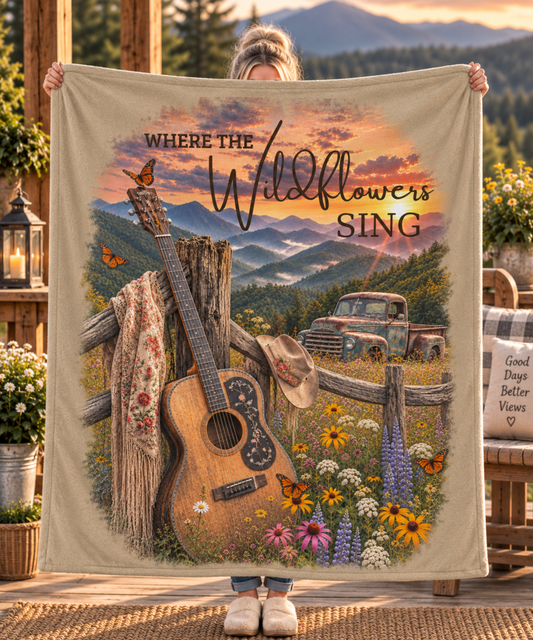 A person holds up a large rectangular blanket or throw featuring a rustic mountain landscape scene with the text 'WHERE THE Wildflowers SING.' The blanket has a tan border and a printed design including an acoustic guitar, fence, flowers, butterflies, a truck, and mountains.