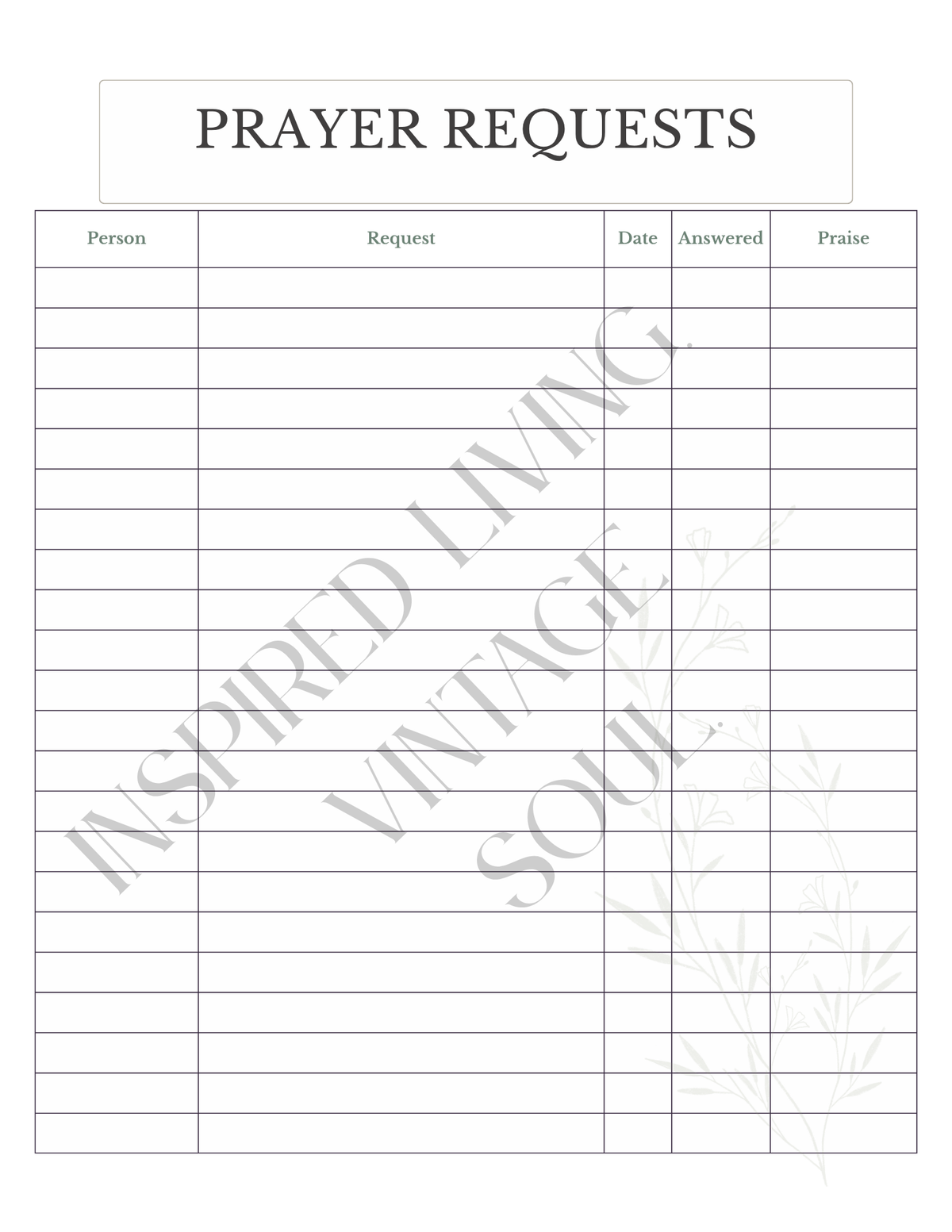 A printable prayer requests log sheet with columns for Person, Request, Date Answered, and Praise. The page has a white background.