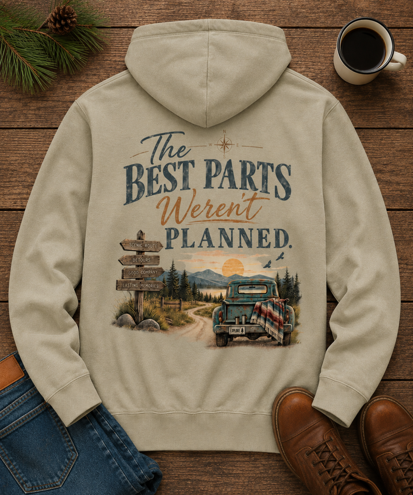 A gray hoodie shown from the back, laid flat on a rustic wooden surface with jeans, a coffee mug, pine branches, and brown shoes around it. The hoodie features a large vintage-style scenic graphic and the text 'The BEST PARTS Weren't PLANNED.