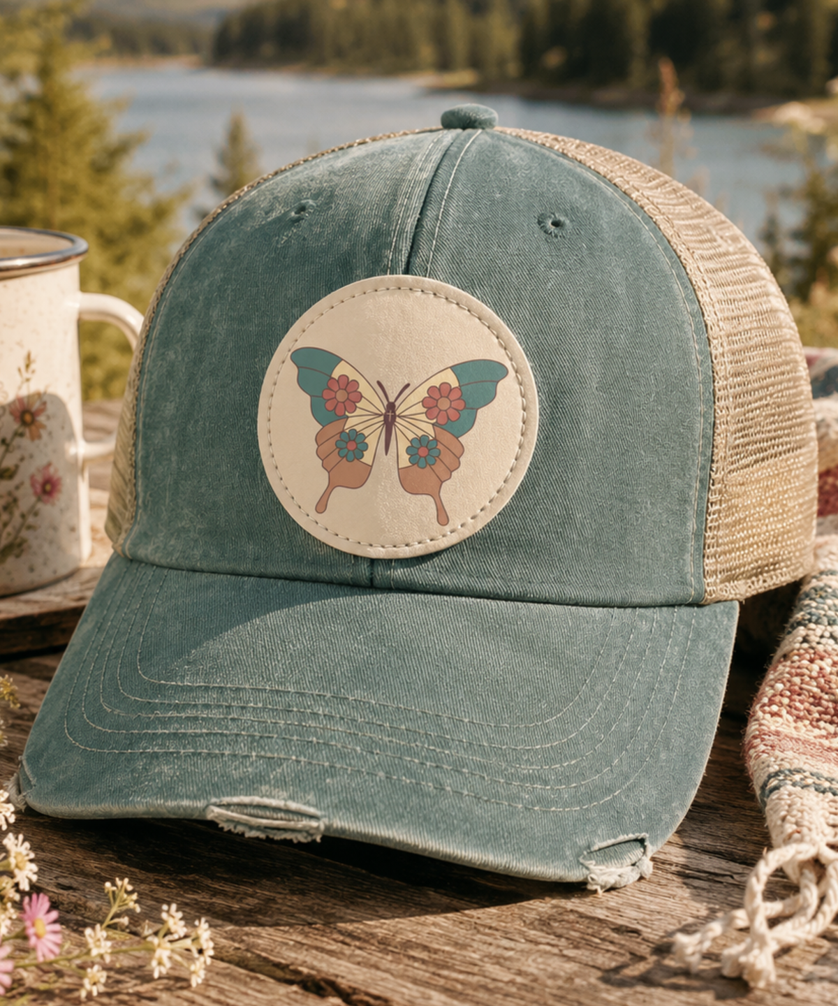 Forest Vintage butterfly patch trucker hat displayed on a rustic wooden table with a camping mug, woven blanket, and wildflowers overlooking a peaceful lake and evergreen forest.