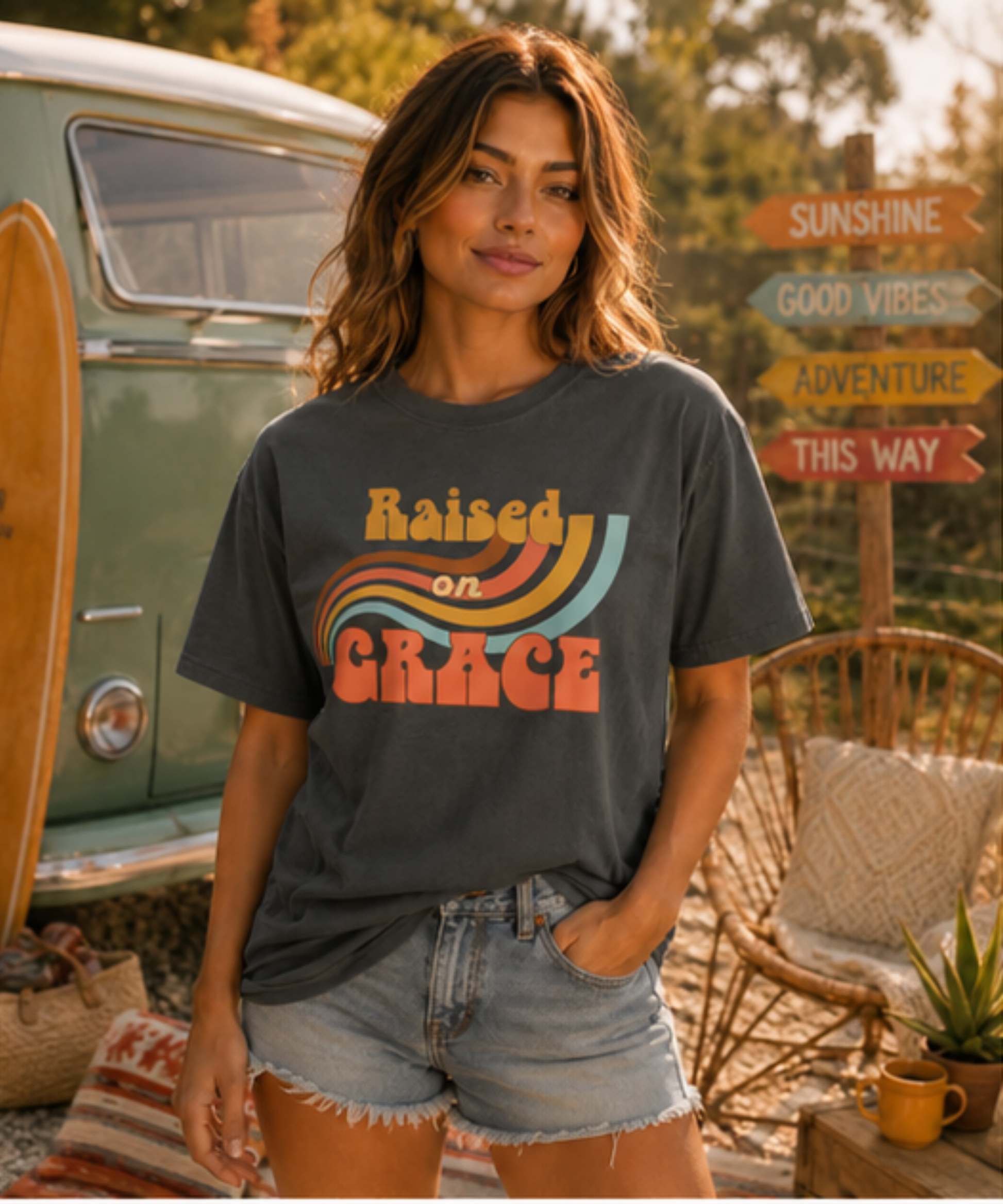 A woman wearing a graphite comfort colors graphic t-shirt with a retro rainbow design that reads 'Raised on GRACE' in orange and yellow. She is standing outdoors in a boho-style setting with a green vintage VW bus, a wicker chair, and a wooden signpost.
