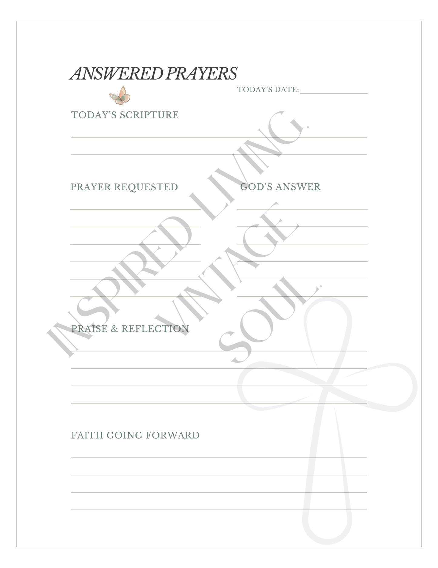A printable devotional journal page titled 'ANSWERED PRAYERS' with lined writing sections for today's date, today's scripture, prayer requested, god's answer, praise and reflection, and faith going forward. 