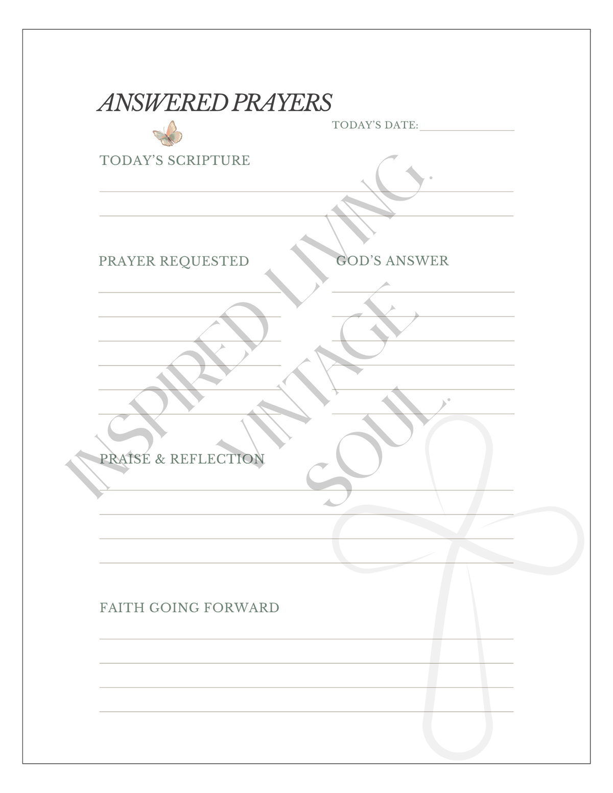 A printable devotional journal page titled 'ANSWERED PRAYERS' with lined writing sections for today's date, today's scripture, prayer requested, god's answer, praise and reflection, and faith going forward. 