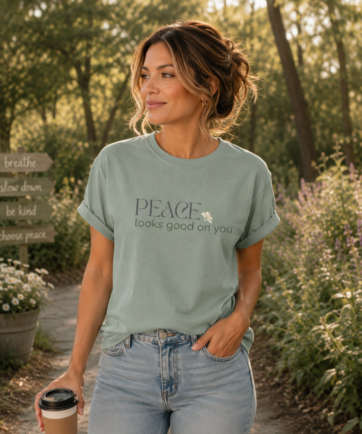 Front view of a Bay Comfort Colors graphic t-shirt with cream floral typography reading "Peace looks good on you."