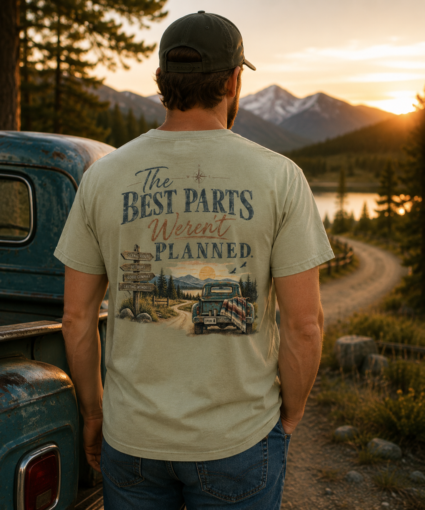 Man wearing The Best Parts Weren’t Planned vintage-inspired road trip T-shirt with large scenic mountain and pickup truck back design.