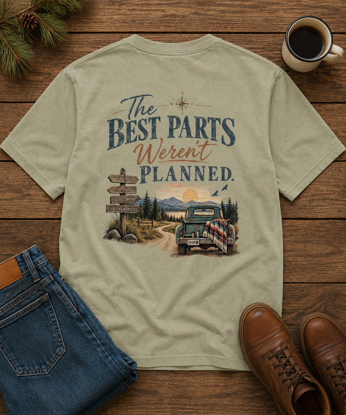 A Khaki graphic t-shirt laid flat on a rustic wooden surface, styled with blue jeans, brown leather boots, a coffee mug, and pine branches. The t-shirt features a vintage-style graphic of a pickup truck on a dirt road with the text 'The Best Parts Weren't Planned.