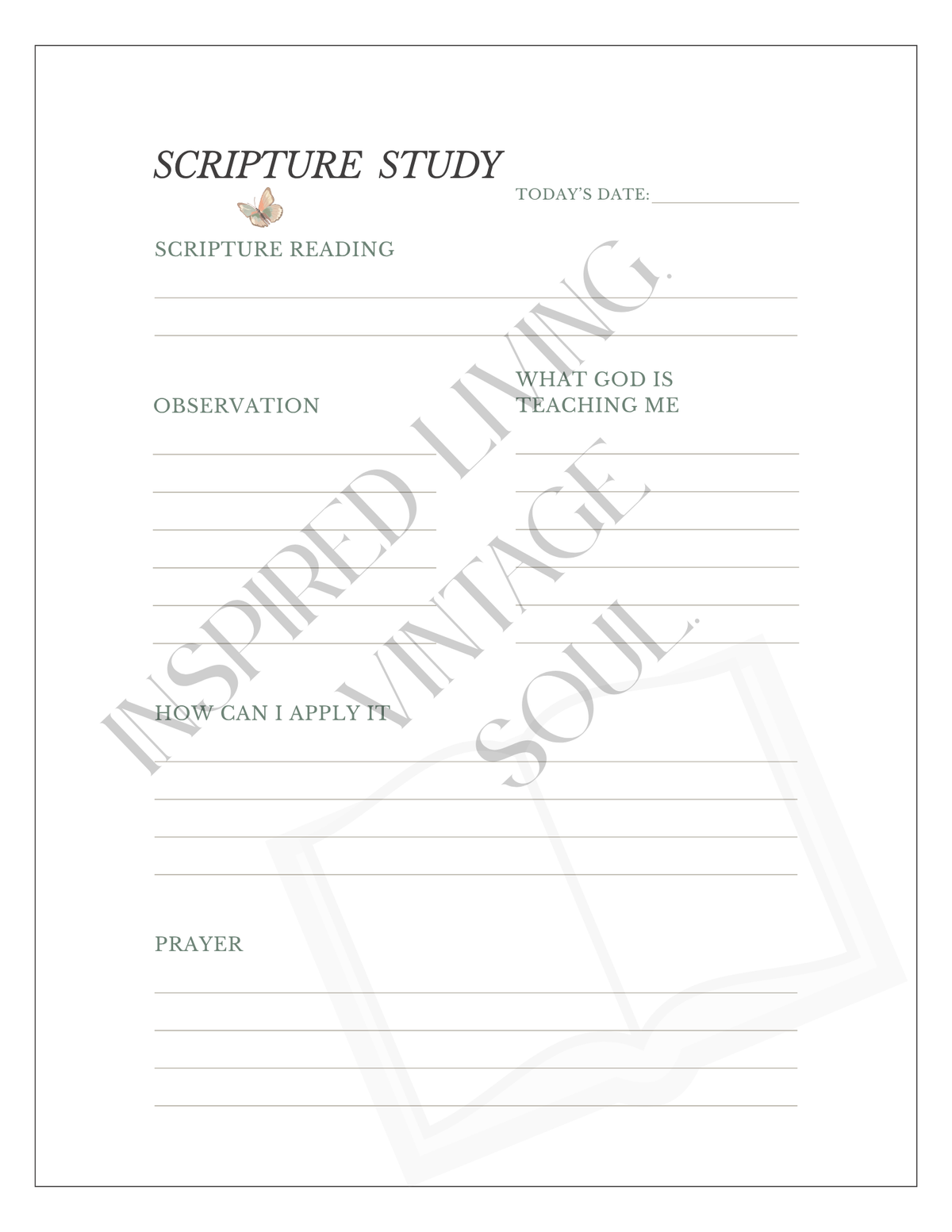 A printable or physical scripture study worksheet page with lined writing sections for date, scripture reading, observation, application, and prayer.