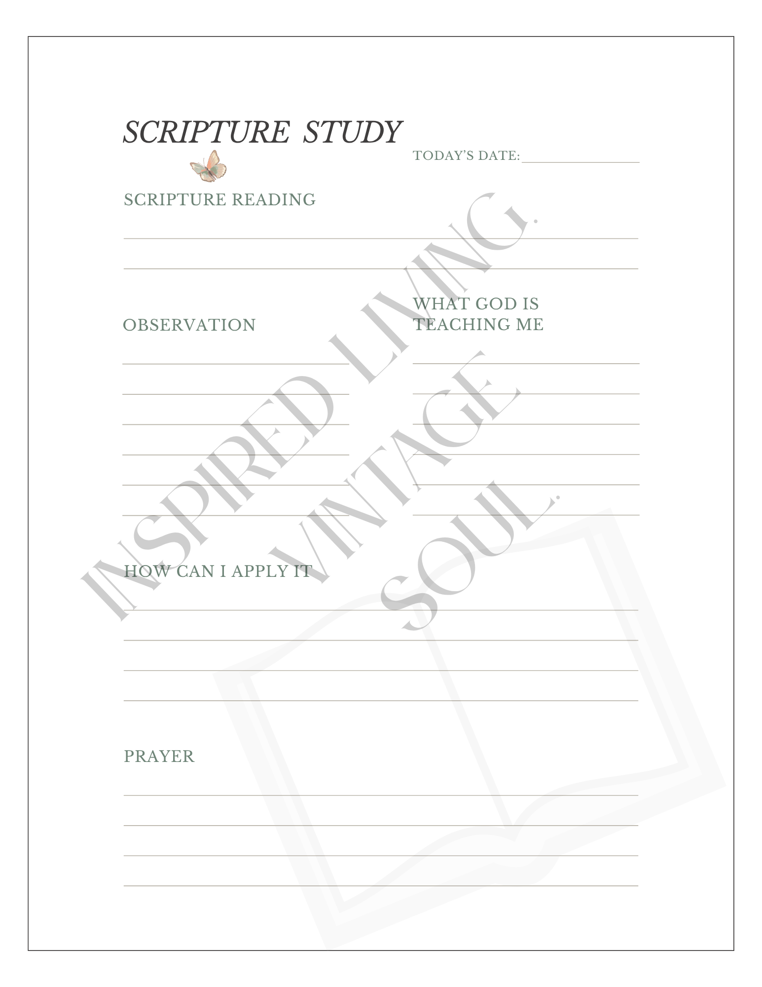 A printable or physical scripture study worksheet page with lined writing sections for date, scripture reading, observation, application, and prayer.