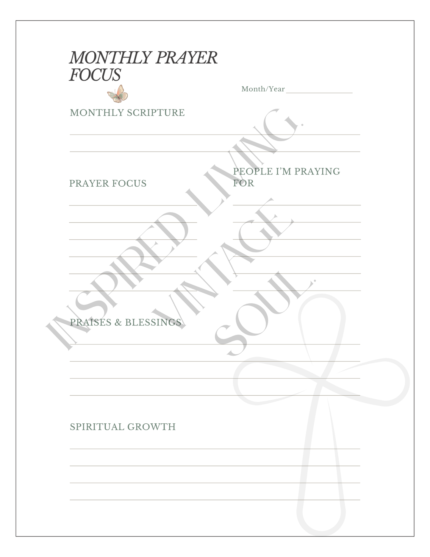 A monthly prayer focus journal page with lined writing sections for scripture, prayer focus, people praying for, praises and blessings, and spiritual growth. 