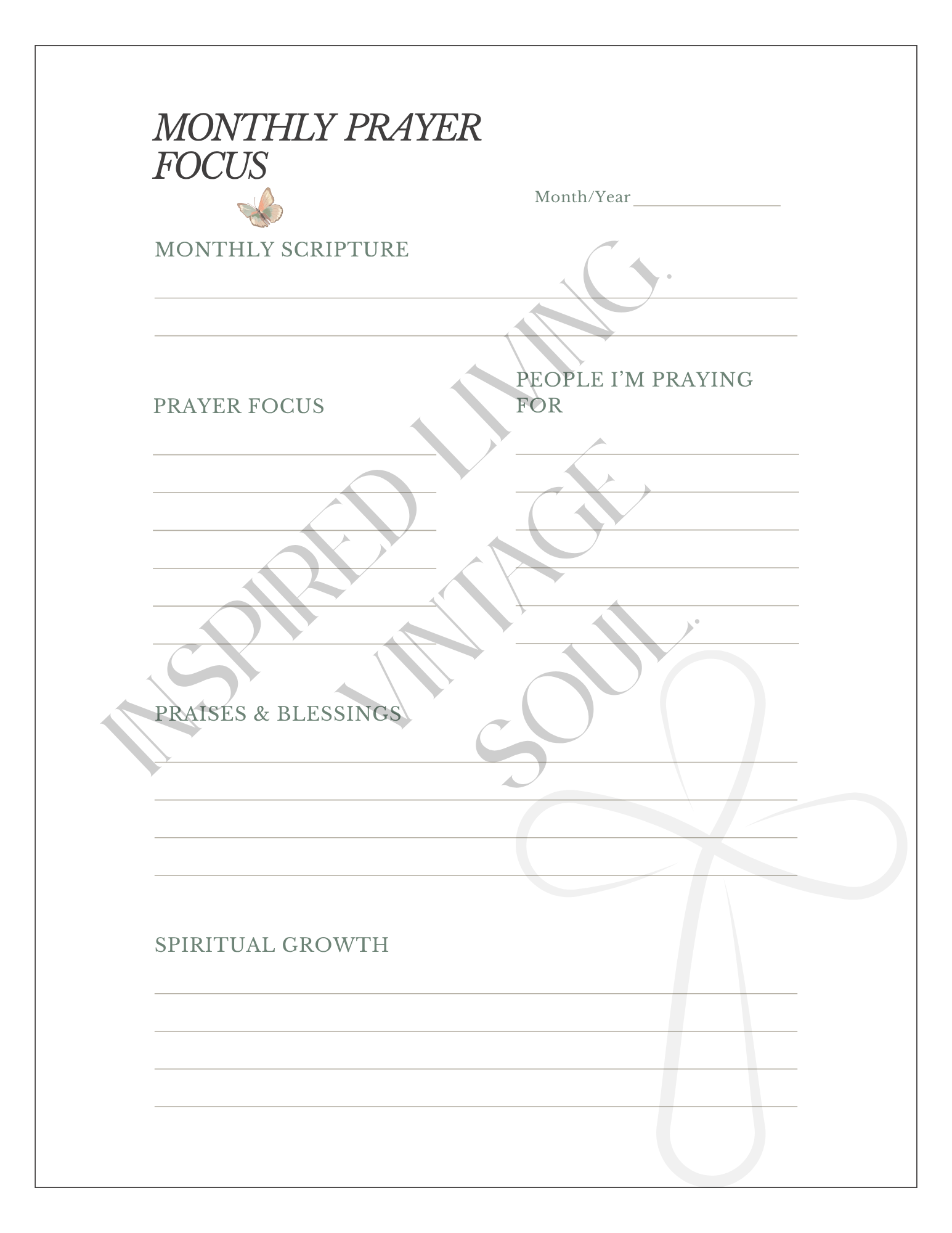 A monthly prayer focus journal page with lined writing sections for scripture, prayer focus, people praying for, praises and blessings, and spiritual growth. 