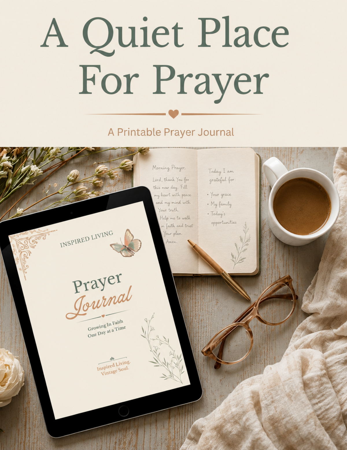 A styled flat-lay featuring a tablet displaying a printable prayer journal cover, with an open prayer journal, coffee cup, glasses, dried flowers, and a beige fabric on a wooden surface. Large text at the top reads 'A Quiet Place For Prayer' and 'A Printable Prayer Journal'.