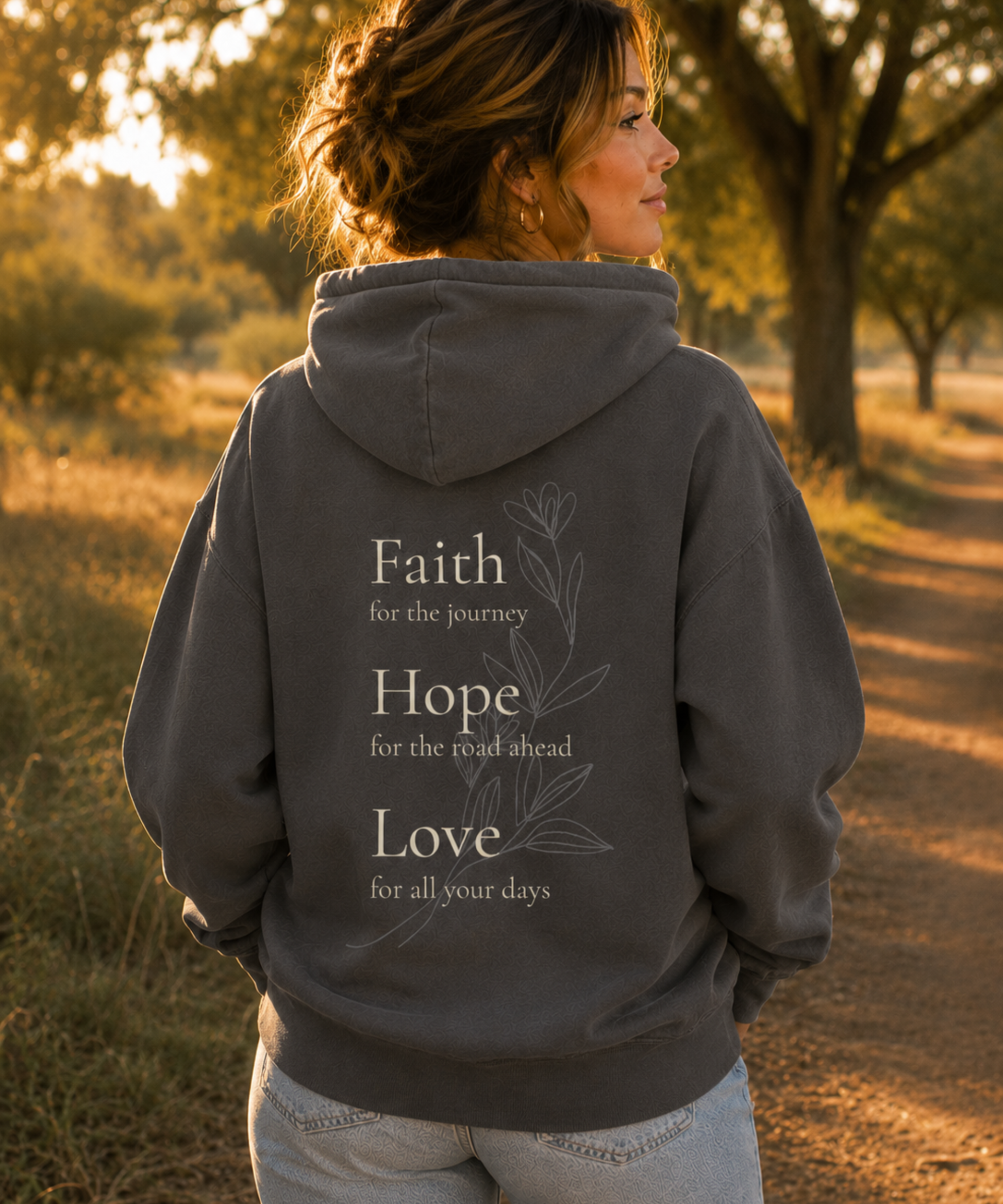 Back view of woman wearing Comfort Colors pepper hoodie with Faith Hope Love botanical Christian back design outdoors