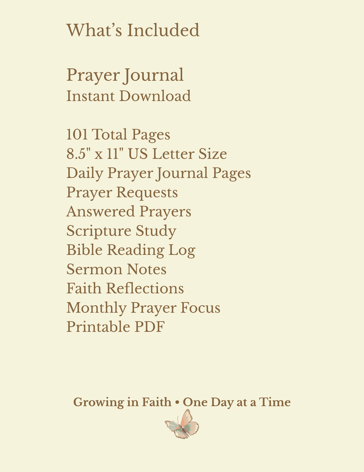A beige digital graphic outlining what is included for a printable prayer journal PDF. The text lists features such as 101 total pages