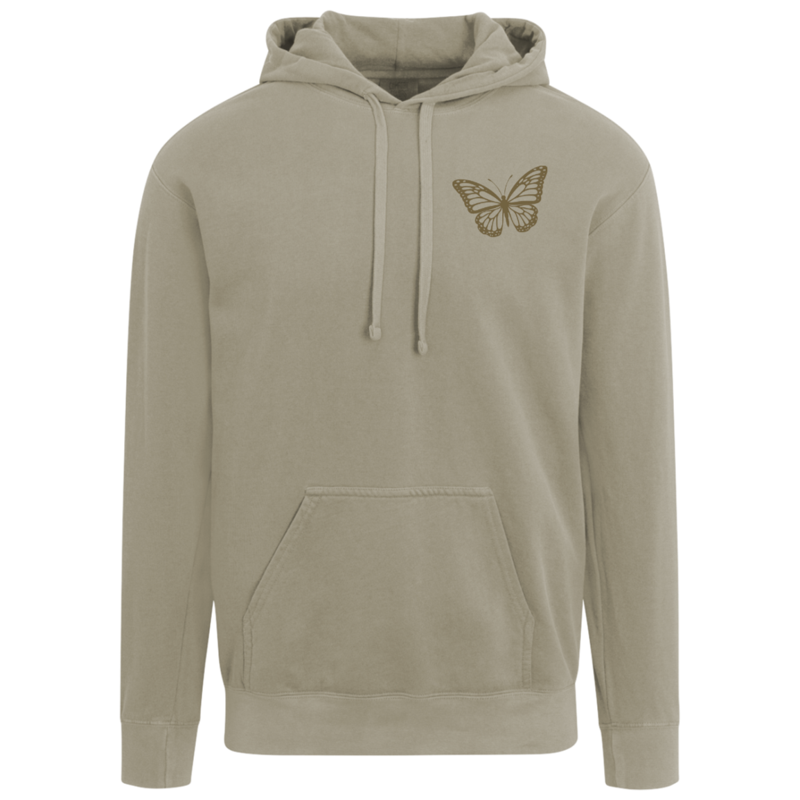 A gray comfort colors hoodies with a left chest graphic design of a butterfly. The back of hoodie has a full graphic design of a mountain with a sunset, which includes a wildflower field, vintage truck and an acoustic guitar.