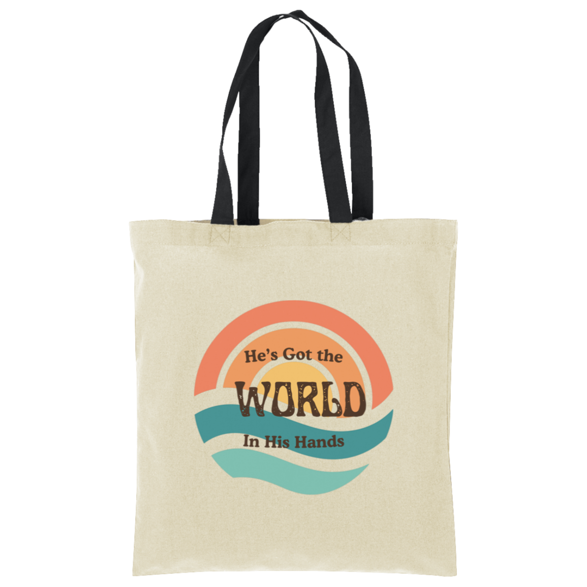 Natural cotton tote bag featuring a retro sunset design with the phrase He's Got the World in His Hands in warm vintage colors.
