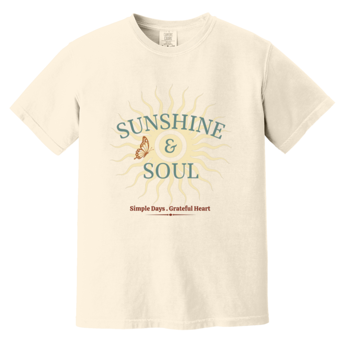 Sunshine and Soul Comfort Colors ivory t-shirt featuring vintage sun graphic with Simple Days Grateful Heart message in teel green and cream tones