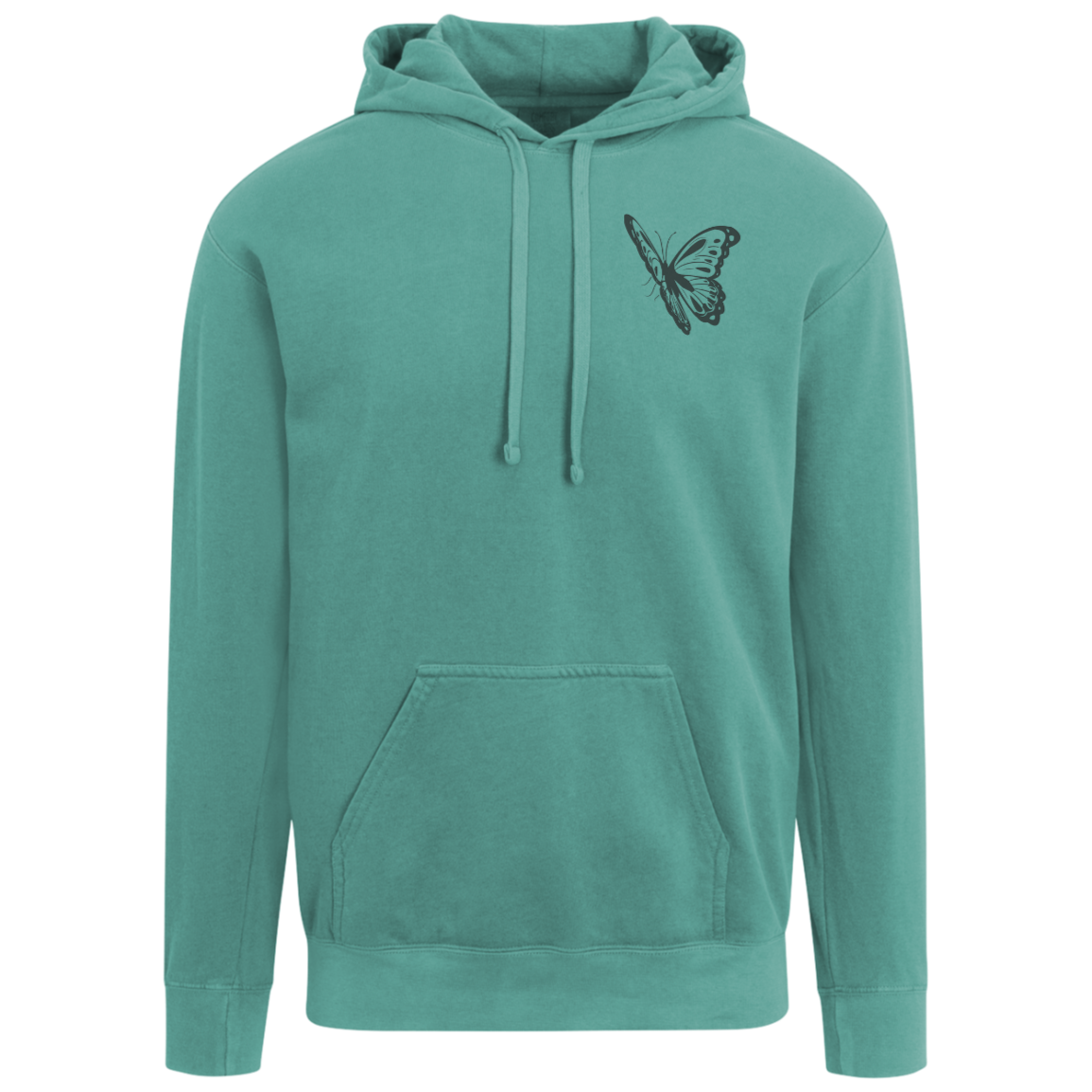 Seafoam Comfort Colors hoodie with butterfly left chest graphic and vintage-inspired styling.