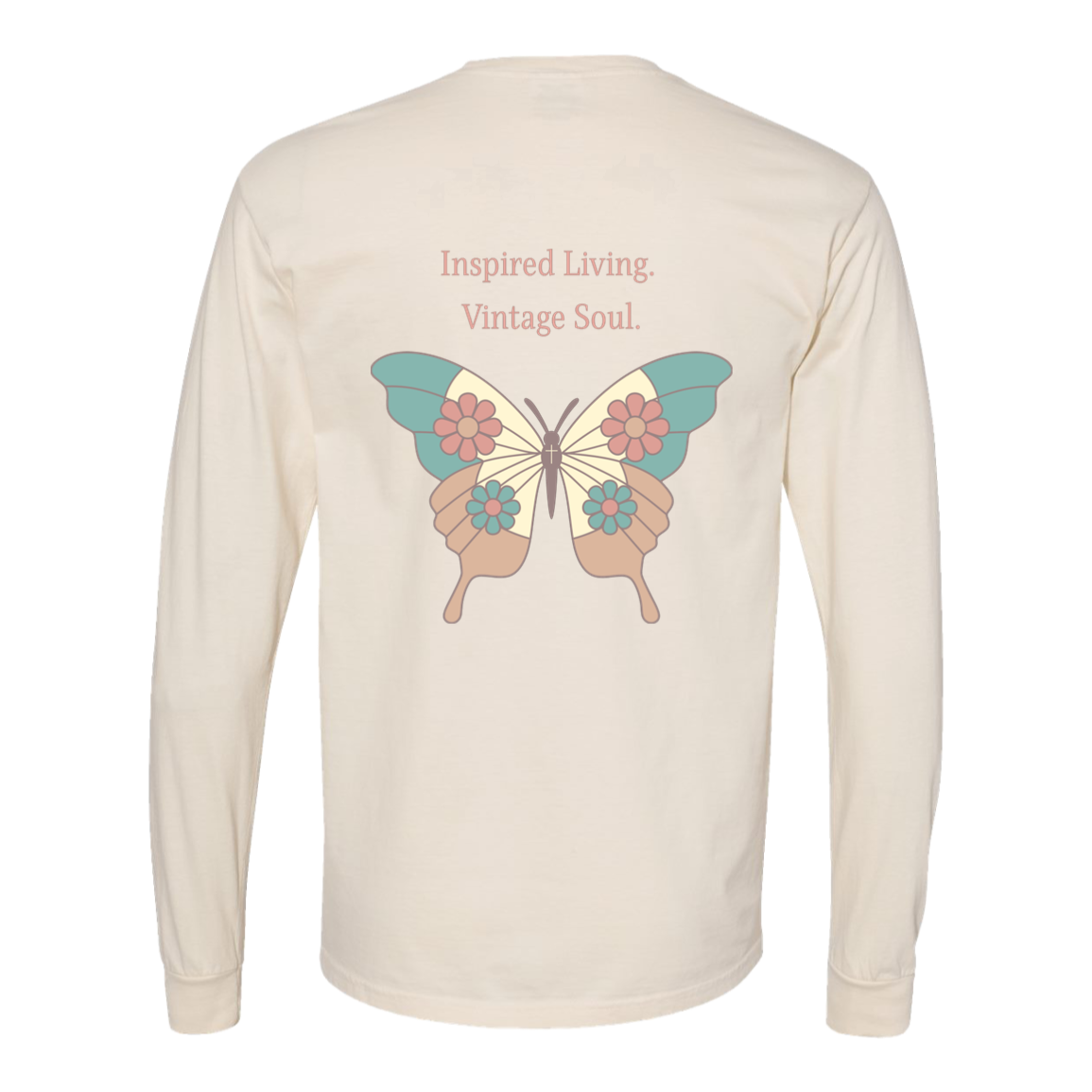Vintage-inspired butterfly Comfort Colors heavyweight long sleeve shirt in Ivory featuring a large back print and small left chest design.