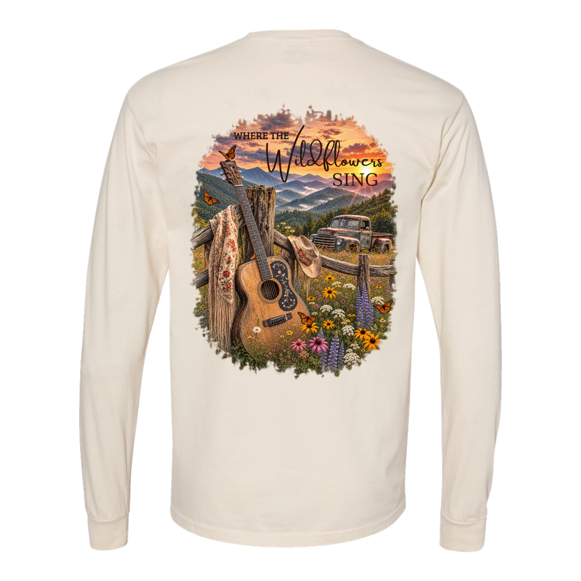 Ivory Comfort Colors long sleeve tee with Where the Wildflowers Sing guitar, mountain, vintage truck and wildflower back design