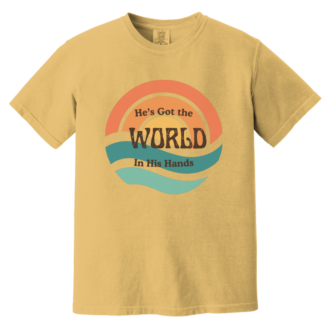Mustard Comfort Colors T-shirt with a colorful retro Christian world-in-His-hands graphic.