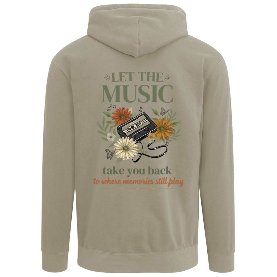 Vintage gray Comfort Colors hoodie featuring Let The Music Take You Back cassette tape and wildflower graphic on the back.