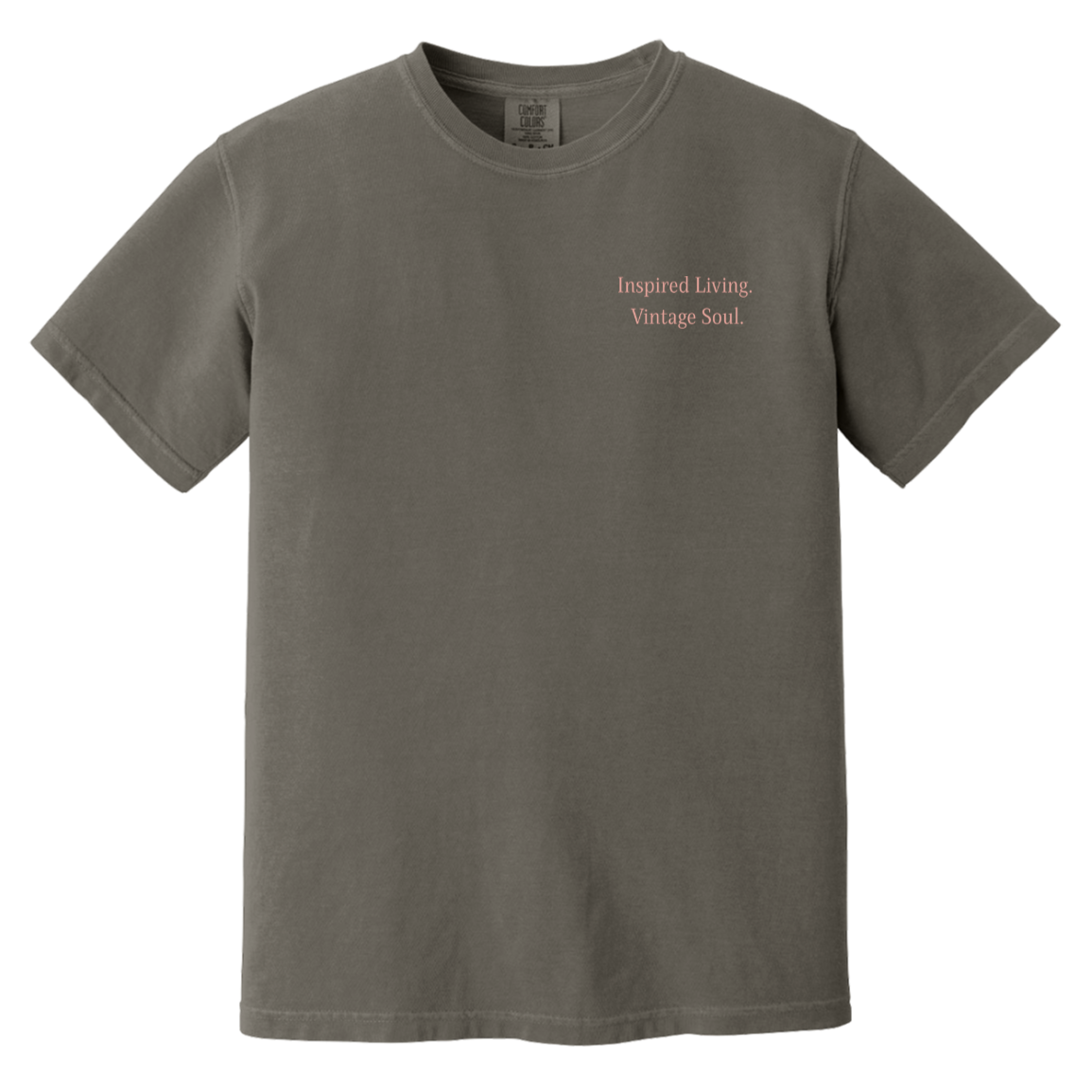 Comfort Colors Pepper t-shirt featuring an Inspired Living Vintage Soul left chest design from the Signature Vintage Collection.