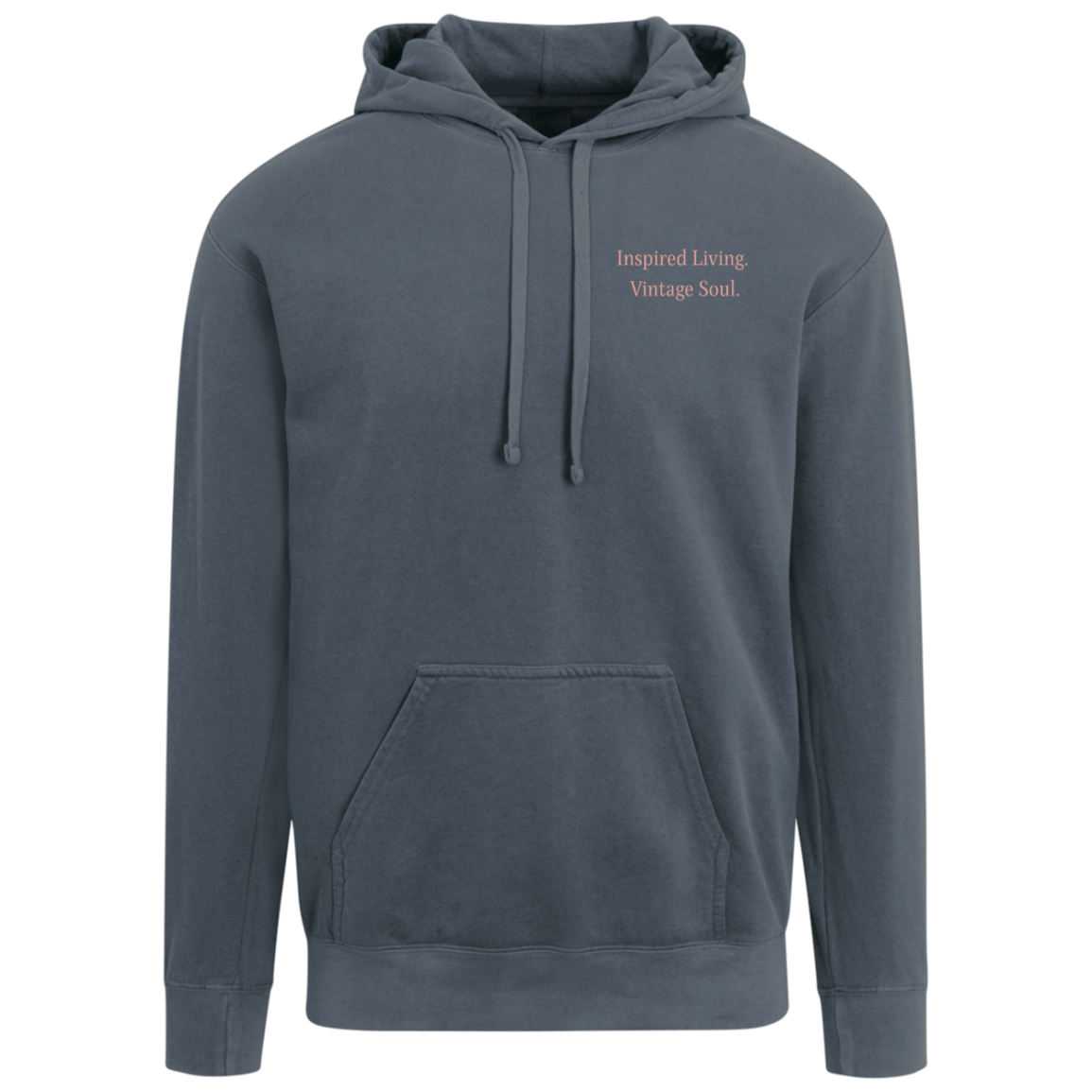 Blue Jean Comfort Colors hoodie with left chest signature design.