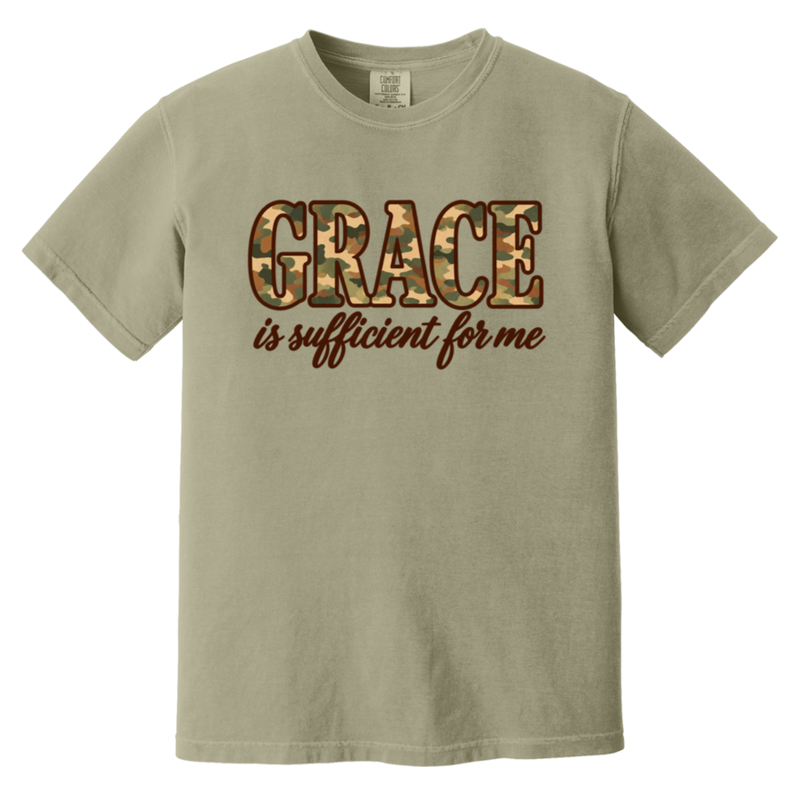 A khaki comfort colors t-shirt featuring the text 'GRACE is sufficient for me' on the chest. The word 'GRACE' is filled with a camouflage pattern, and the rest of the text is in a dark brown cursive font.