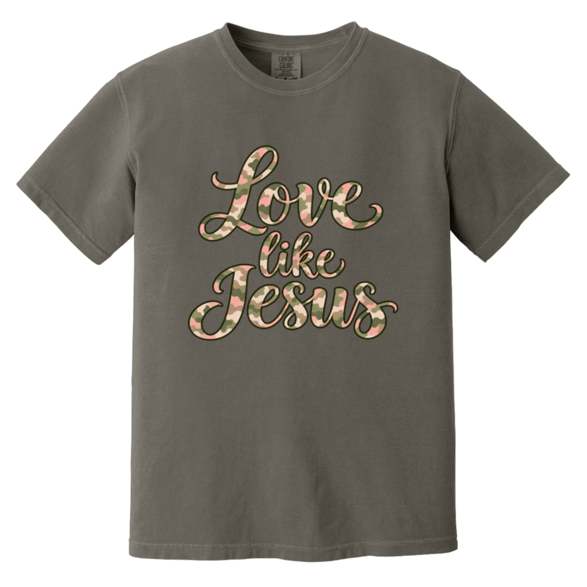 Pepper Comfort Colors tee with Love Like Jesus script in pink, sage, cream, and taupe camouflage.