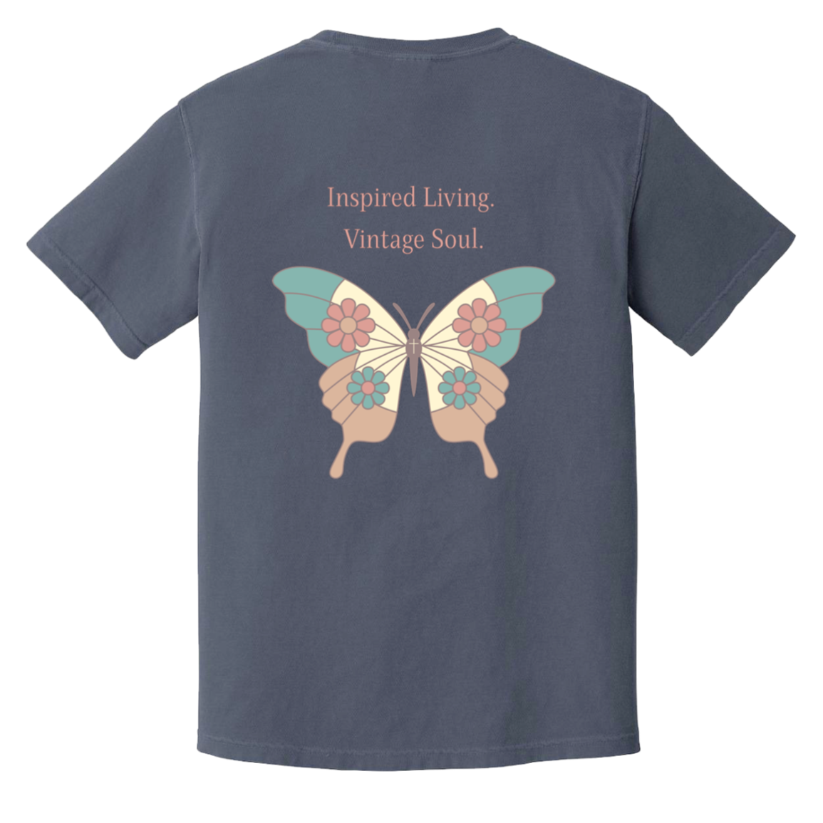 Comfort Colors Denim t-shirt featuring a large vintage butterfly design and Inspired Living Vintage Soul message on the back with coordinating left chest detail.