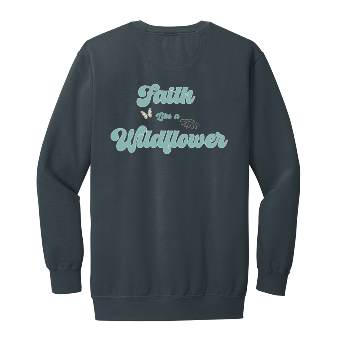 Denim Comfort Colors sweatshirt with vintage floral back print and coordinating left chest wildflower.