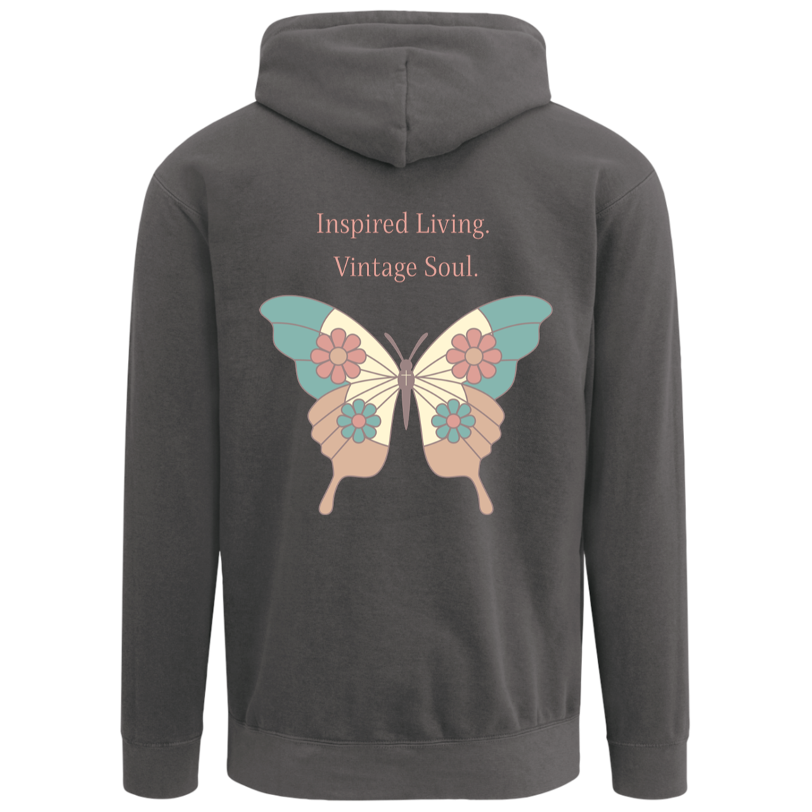 Pepper Comfort Colors hoodie with large butterfly artwork printed on the back.