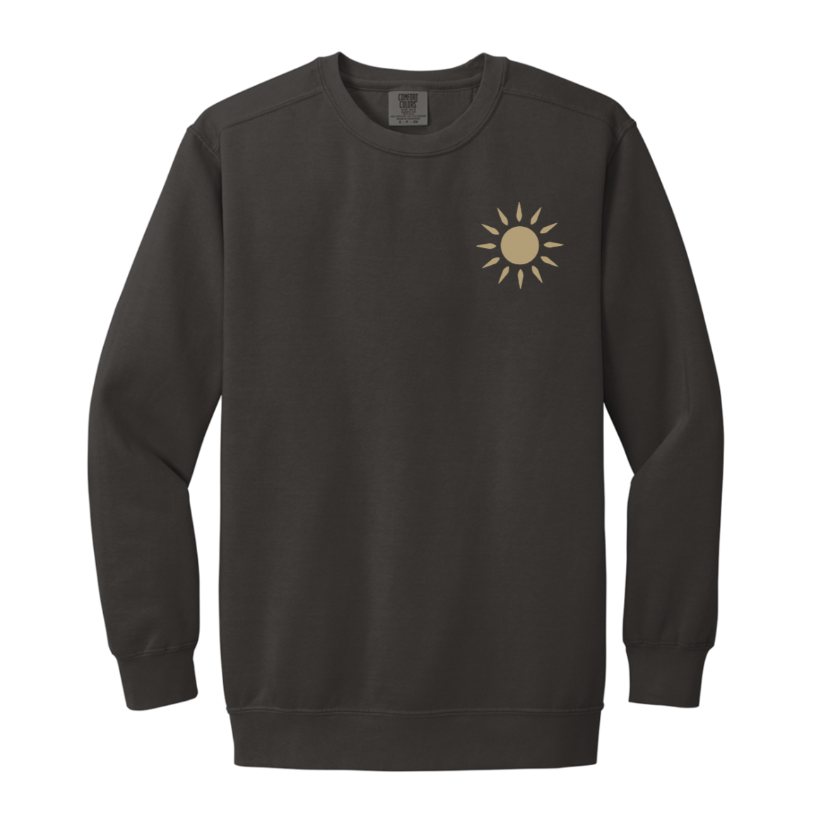 A pepper crewneck sweatshirt with a small tan sun graphic printed on the left chest, displayed on a clean white background.