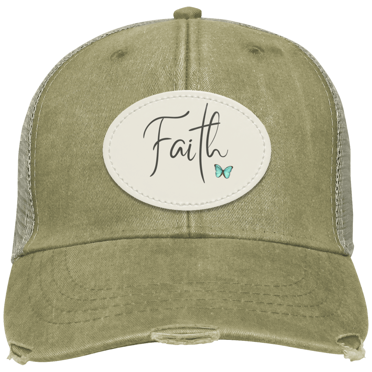 Khaki distressed trucker cap featuring an oval sublimated vegan leather patch with a delicate faith design.